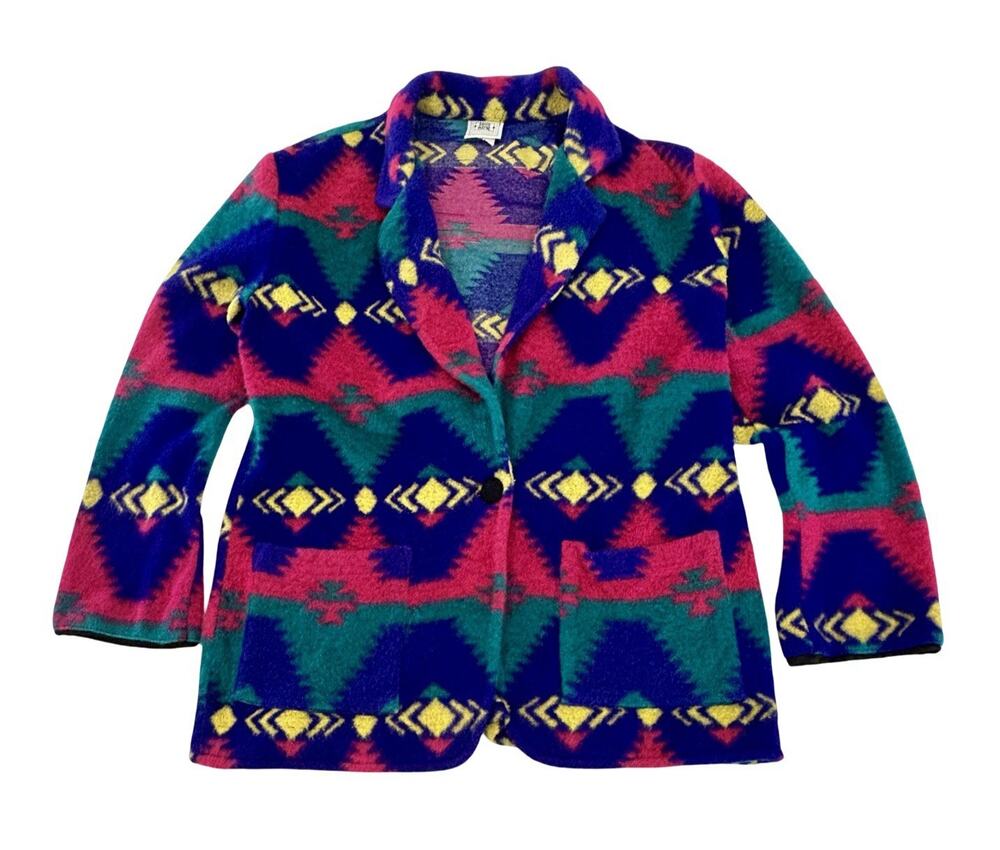 David Wayne Fleece Blazer Jacket Womens Size M Multicolor Aztec Print Vintage